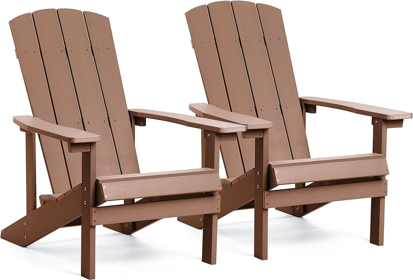 Adirondack Chairs Set of 2, All Weather Modern Fire Pit Chair with Real-like Wood Grain and Wide Armrest, Plastic Adirondack Outdoor Chair with Deep Seating and Reclined High Back, 350 lbs, Brown