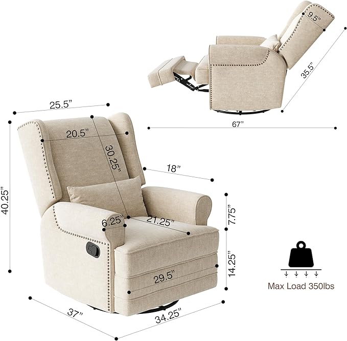 Royalcraft Swivel Nursery Glider Recliner, Comfy Upholstered Glider Chair with Lumbar Pillow and Footrest