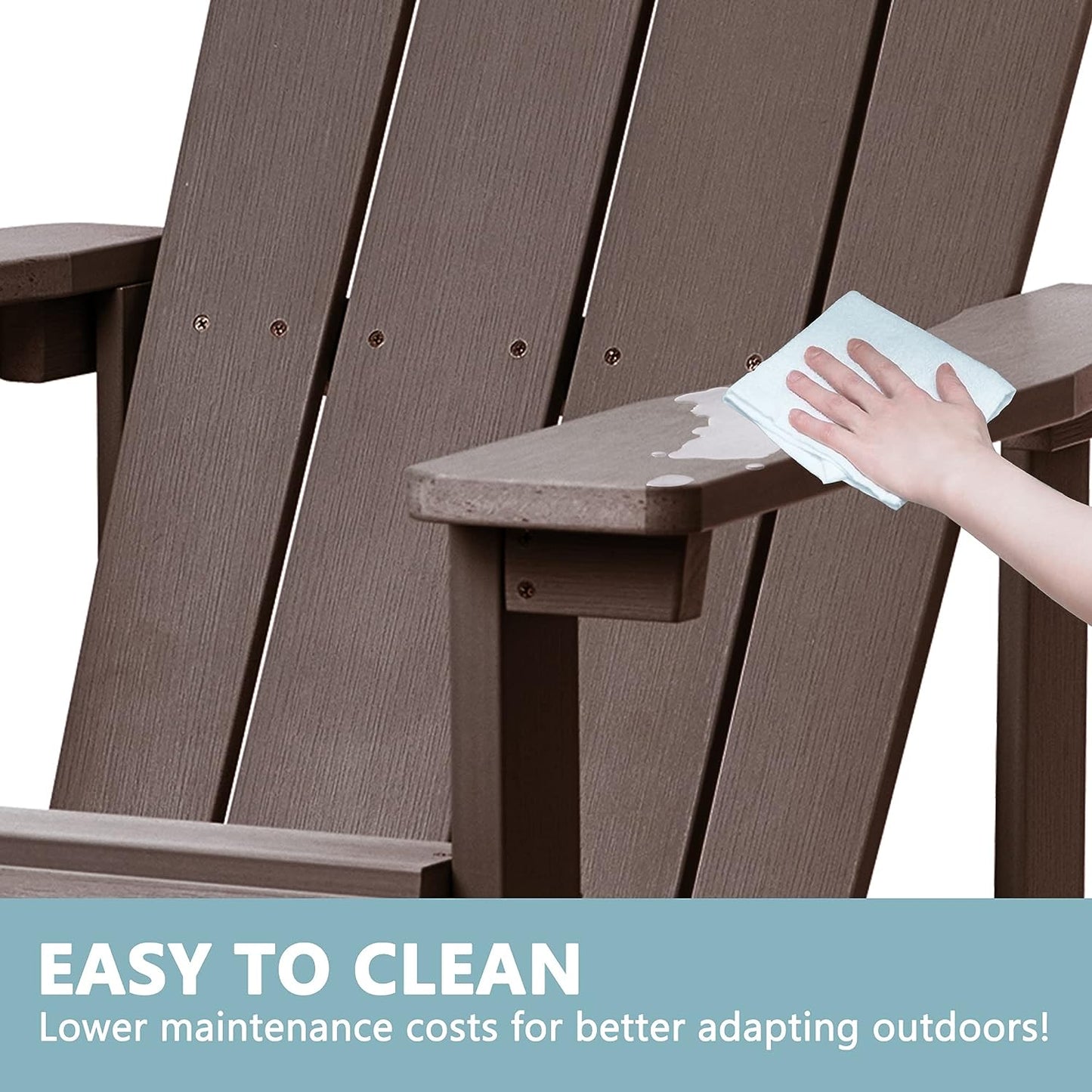 Adirondack Chairs Set of 2, All Weather Modern Fire Pit Chair with Real-like Wood Grain and Wide Armrest, Plastic Adirondack Outdoor Chair with Deep Seating and Reclined High Back, 350 lbs, Brown