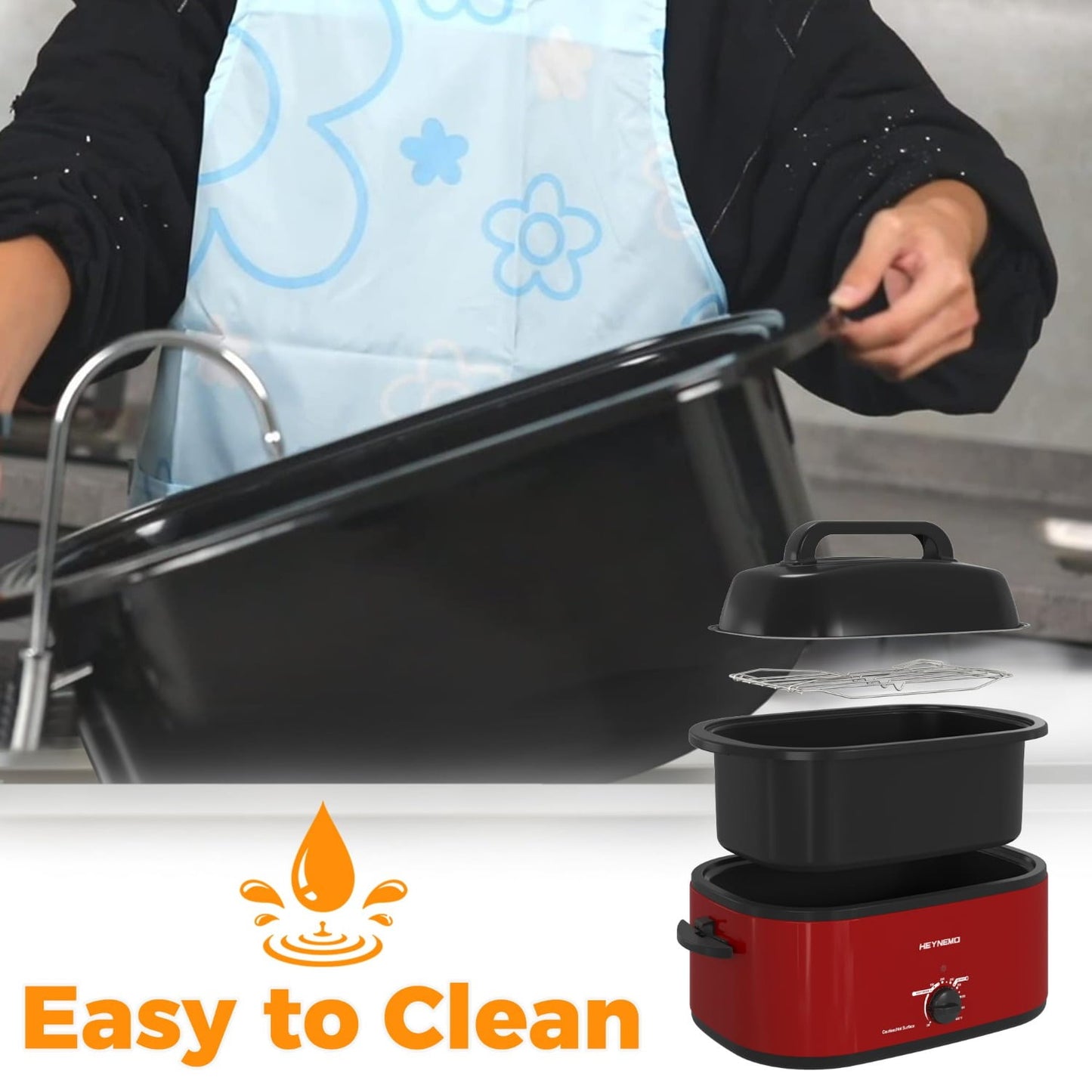 Superjoe Outdoor 20 Quart Roaster Oven, Electric Roaster with Self-Basting Lid, Removable Pan & Rack, Turkey Roaster Oven with Defrost & Warm Function, Stainless Steel, Red