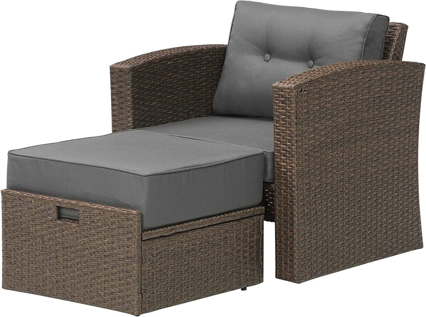 sunvivicollection Patio Wicker Armchair with Ottoman, 2 Pieces PE Wicker Outdoor Conversation Set Outdoor Sectional Sofa for Garden, Beach, Balcony and Poolside, Aluminum Frame