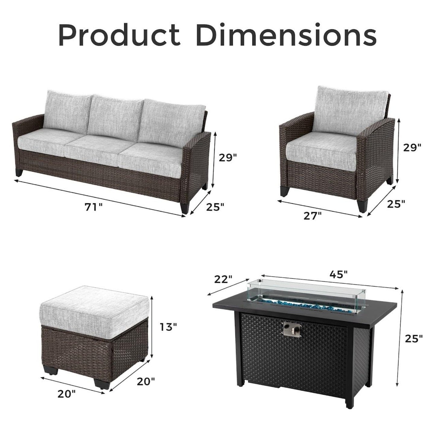 Outdoor Patio Furniture Set, 6 Piece Outdoor Rattan Sofa Set, All Weather Wicker Conversation Set with Fire Pit Table, Ottomans for Porch Backyard Garden