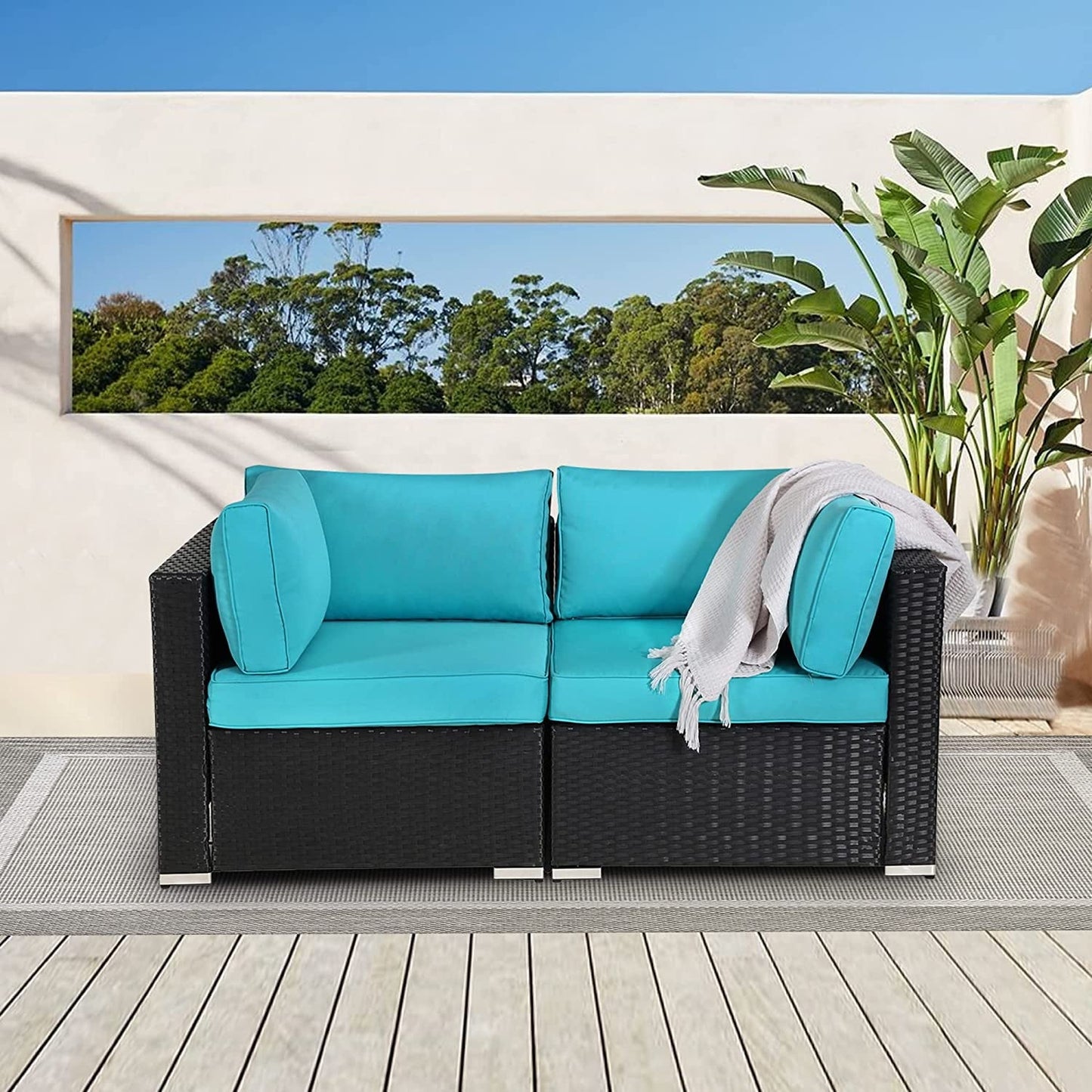 Sunvivi Patio Furniture Set with Cushions, PE Wicker Outdoor Conversation Sofa Patio Sectional Coffee Table for Garden, Beach, Balcony and Poolside, Aluminum Frame