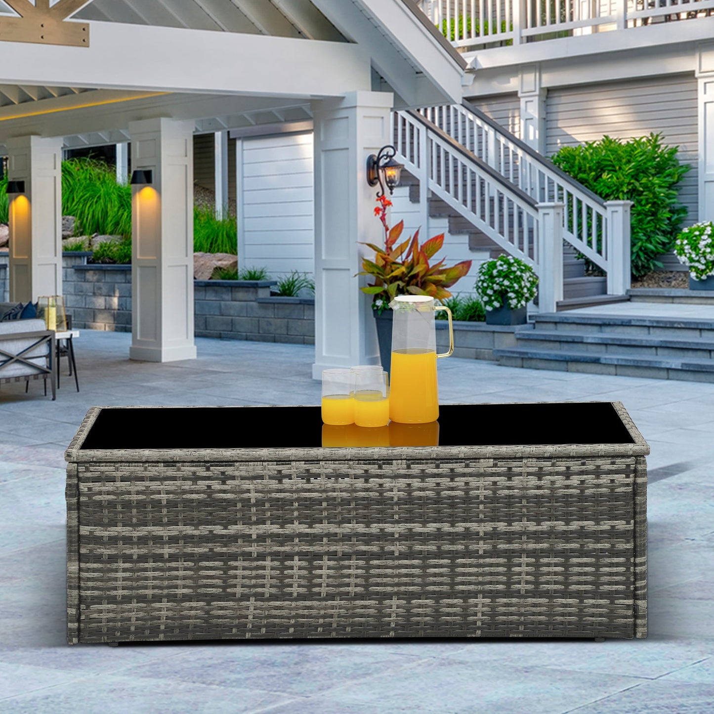sunvivicollection Outdoor Coffee Table, Grey Wicker Table for Patio Sectional Furniture, All-Weather Aluminum Frame Rectangular Coffee Table with Glass Top