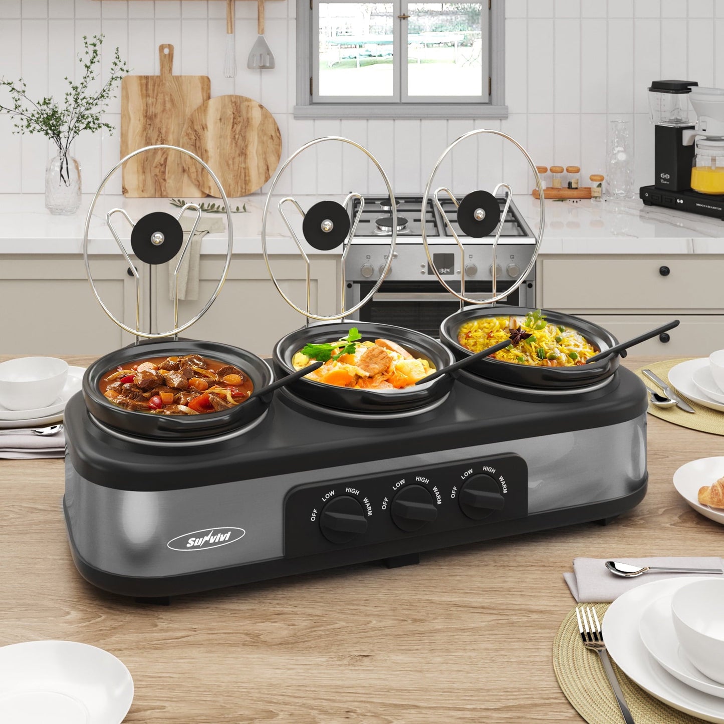 SUNVIVI Dual Pot Slow Cooker, 2 Pot Small Mini Crock Buffet Server and Warmer with Ceramic Pot, Adjustable Temp
