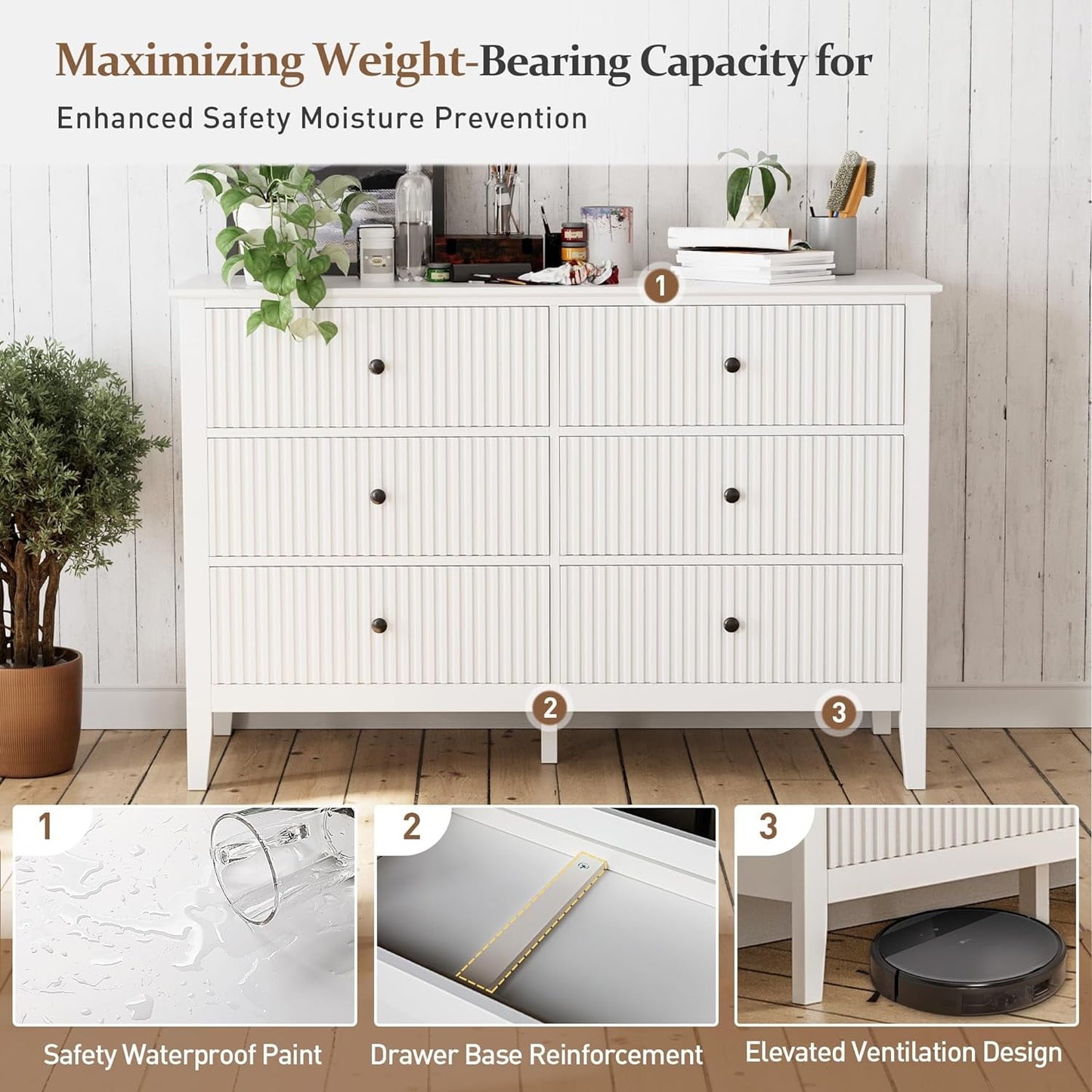 White 6 Drawer Dresser 47" Wide, Modern Wood Chest of Drawers, Double Silent Slide Drawers Storage Organizer Cabinet for Bedroom, Nursery, Living Room, Hallway