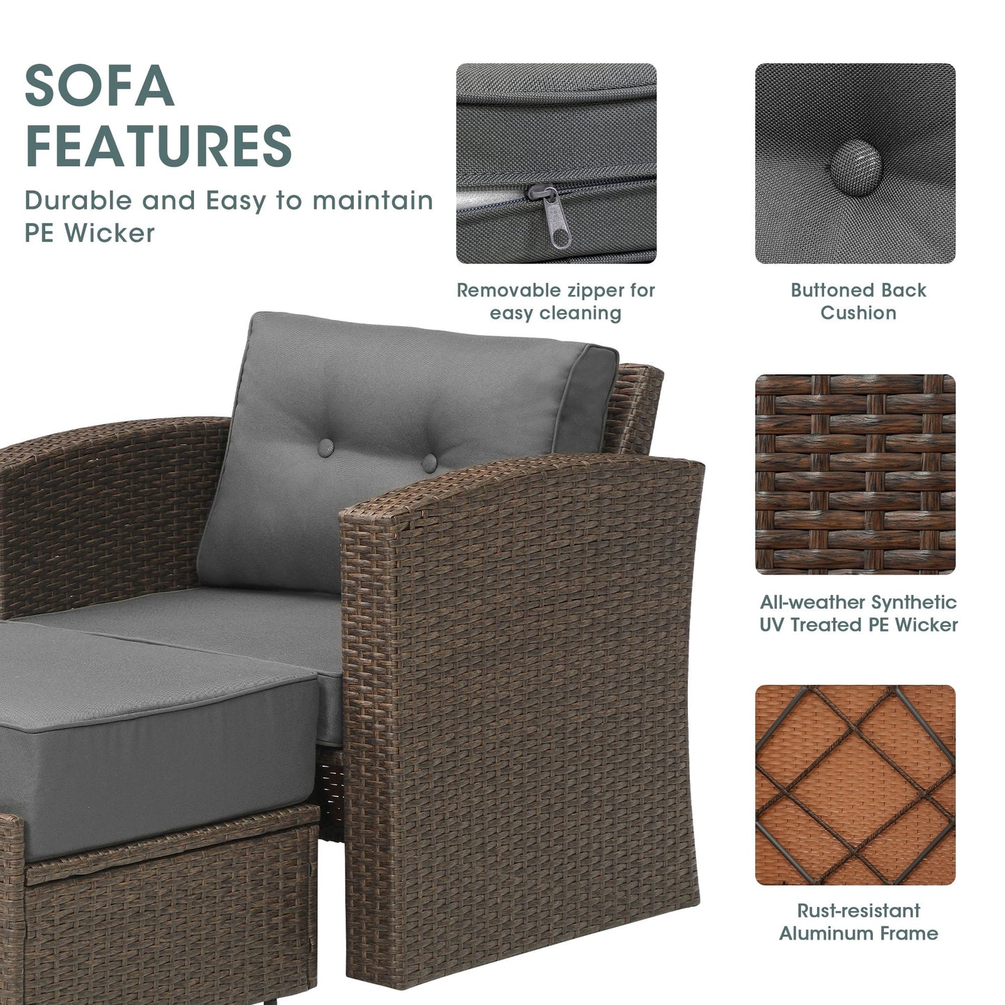 sunvivicollection 4 Pieces Wicker Furniture Single Chair with Ottoman,All-Weather Brown Rattan Outdoor ArmChair Sofa Set with Dark Grey Non-slip Cushions,Aluminum Frame