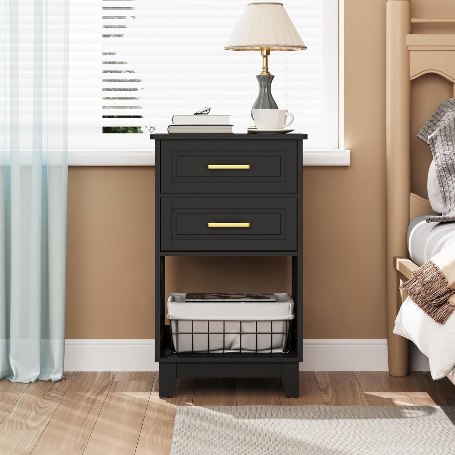 Superjoe Tall Nightstand Set of 1, Side Table with 2 Drawers and Open Shelf Below, Bedside Table with Solid Feet, Modern Night Stand End Table for Bedroom, Living Room, Home Office, Black