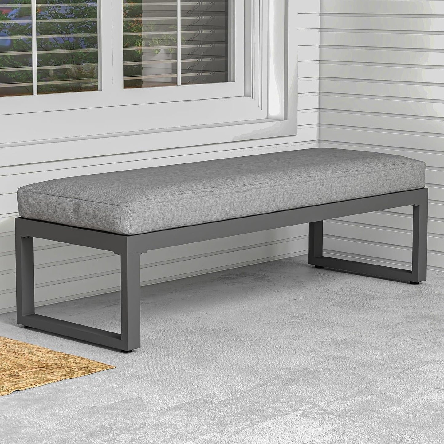 sunvivicollection Aluminum Outdoor Patio Bench, Upholstered Bench with Thick Cushion for Porch Balcony Backyard, Grey