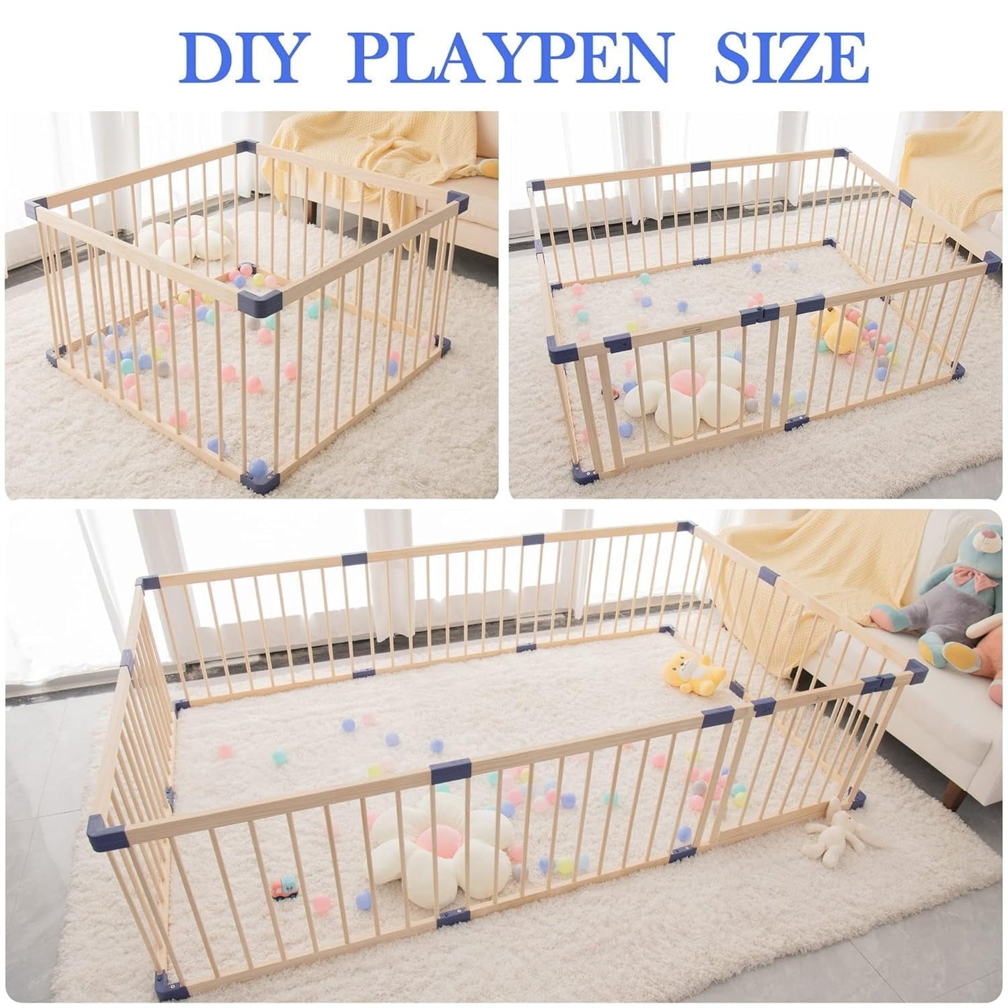 Superjoe Baby Playpen Kids Fence with Safety Gate, Activity Play Center, Safety and Anti-Drop Function, Safety Play Yard Indoor Outdoor Pure Wooden Baby Playpen (79"*59"*24")