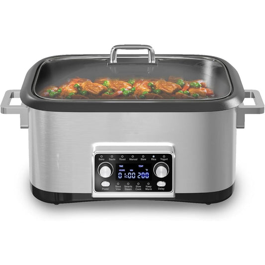 8 Quart 12-IN-1 Multi Cooker, Digital Programmable Slow Cooker with LED Display & Timer, 1250W Rice Cooker with Nonstick Inner Pot for Bake, Saute, Roast, Stew, Sous Vide, Dishwasher Safe, Silver
