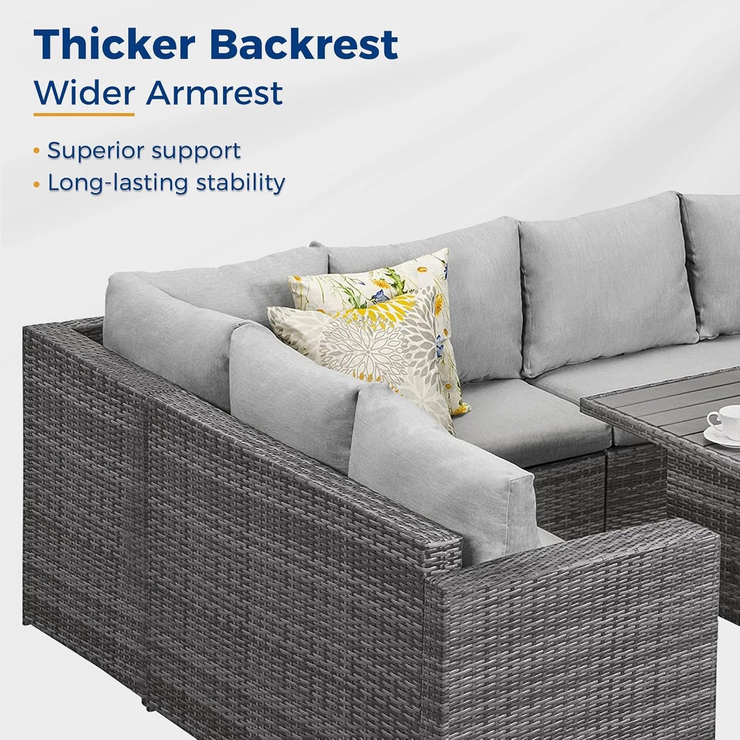 RoyalCarft 7 Pcs Outdoor Conversation Set All Weather Wicker Sectional Sofa Set Dining Table Chair and Ottoman,Steel Frame