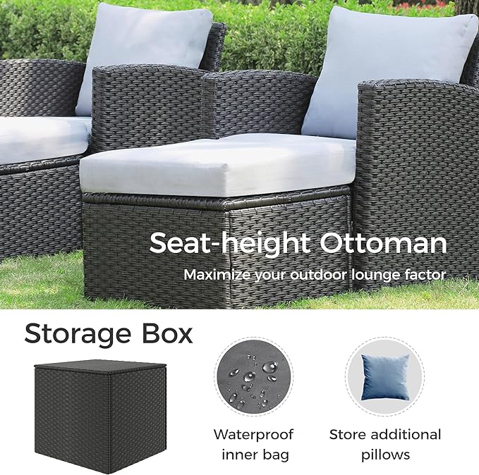5 Pieces Patio Furniture Set, All Weather PE Wicker Rattan Outdoor Furniture with Coffee Table and Storage Box, Outdoor Sectional Sofa for Lawn Backyard Poolside Porch Garden, Grey