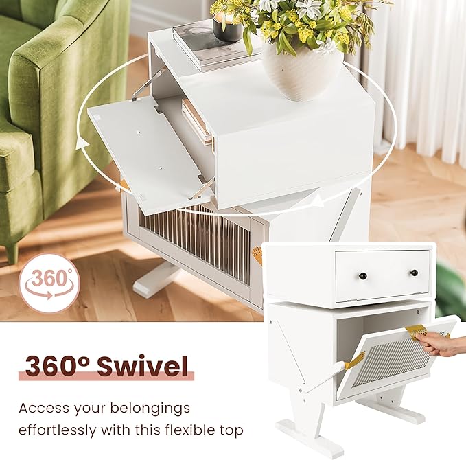 RoyalCraft White Nightstand with LED Light Strips, Modern End Table with 360¡ã Rotating Drawer, Bedside Table with Glass Door Storage, Wood Night Stand Cabinet for Living Room, Bedroom, Nursery