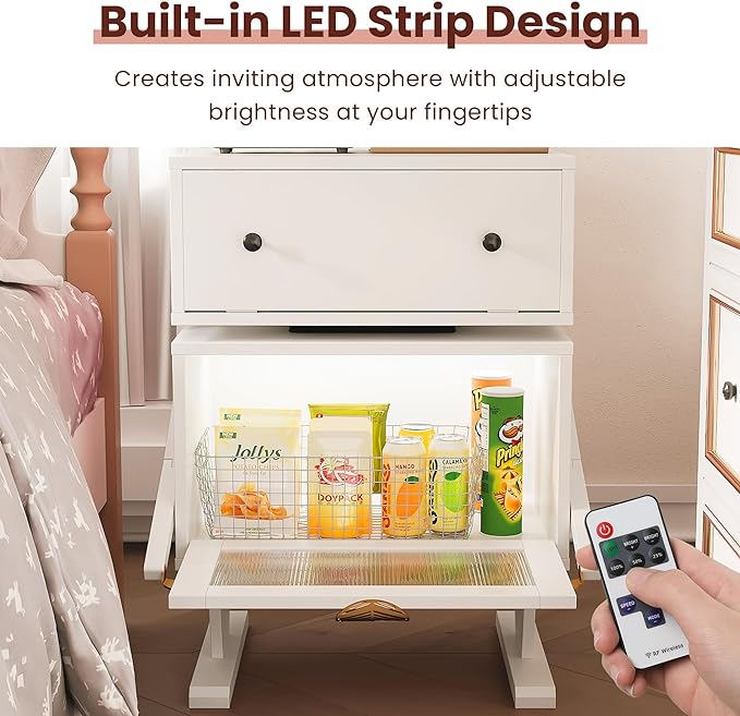 RoyalCraft White Nightstand with LED Light Strips, Modern End Table with 360¡ã Rotating Drawer, Bedside Table with Glass Door Storage, Wood Night Stand Cabinet for Living Room, Bedroom, Nursery