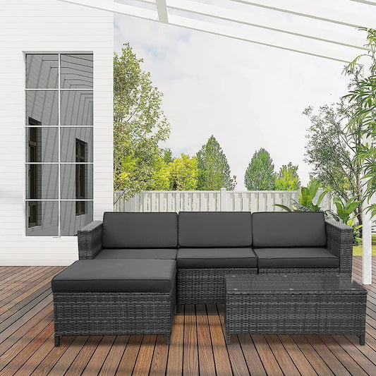 SunviviCollection Outdoor Patio Sectional Furniture Set, 5 Piece Weather Resistant Rattan Outside Couch, Waterproof Conversation Sofa Wicker Patio Furniture Set for Balcony, Porch, Backyard, Deck, Garden