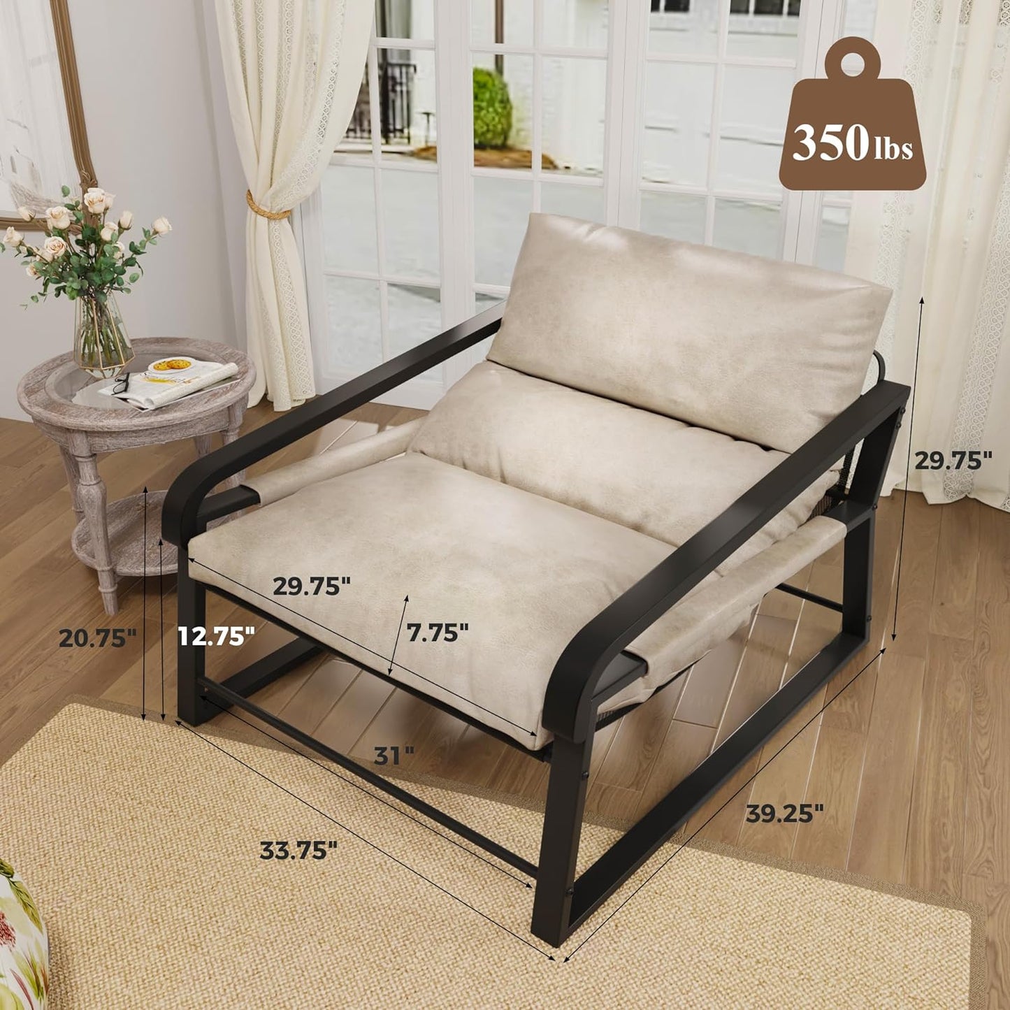 Large Modern Accent Chair with Soild Wood Arms and Metal Frame, Mid Century Upholstered Lounge Sofa Chair with Removable Cushion for Living Room, Bedroom, Home Office, Brown