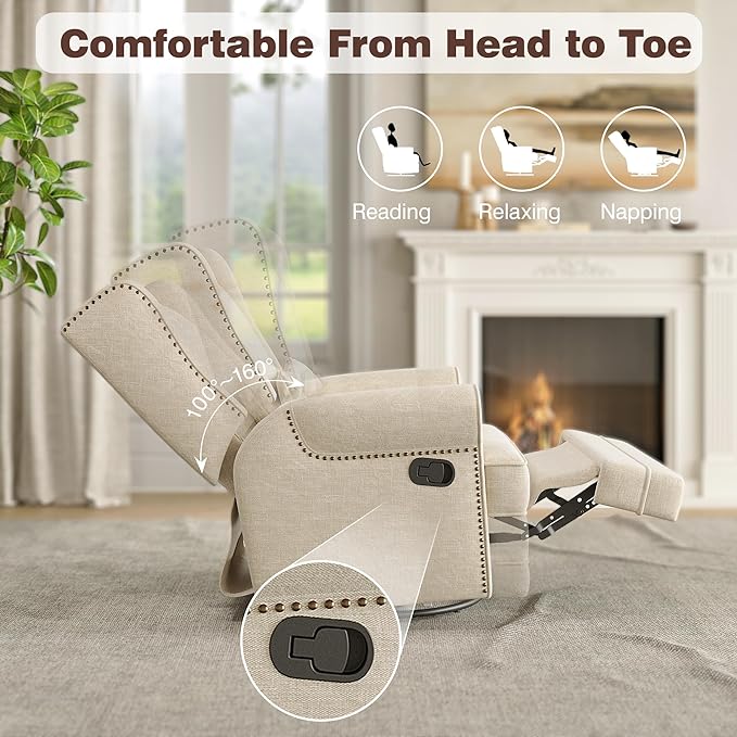 Royalcraft Swivel Nursery Glider Recliner, Comfy Upholstered Glider Chair with Lumbar Pillow and Footrest