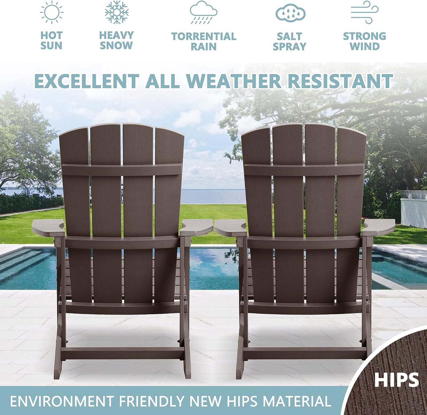Adirondack Chairs Set of 2, All Weather Modern Fire Pit Chair with Real-like Wood Grain and Wide Armrest, Plastic Adirondack Outdoor Chair with Deep Seating and Reclined High Back, 350 lbs, Brown
