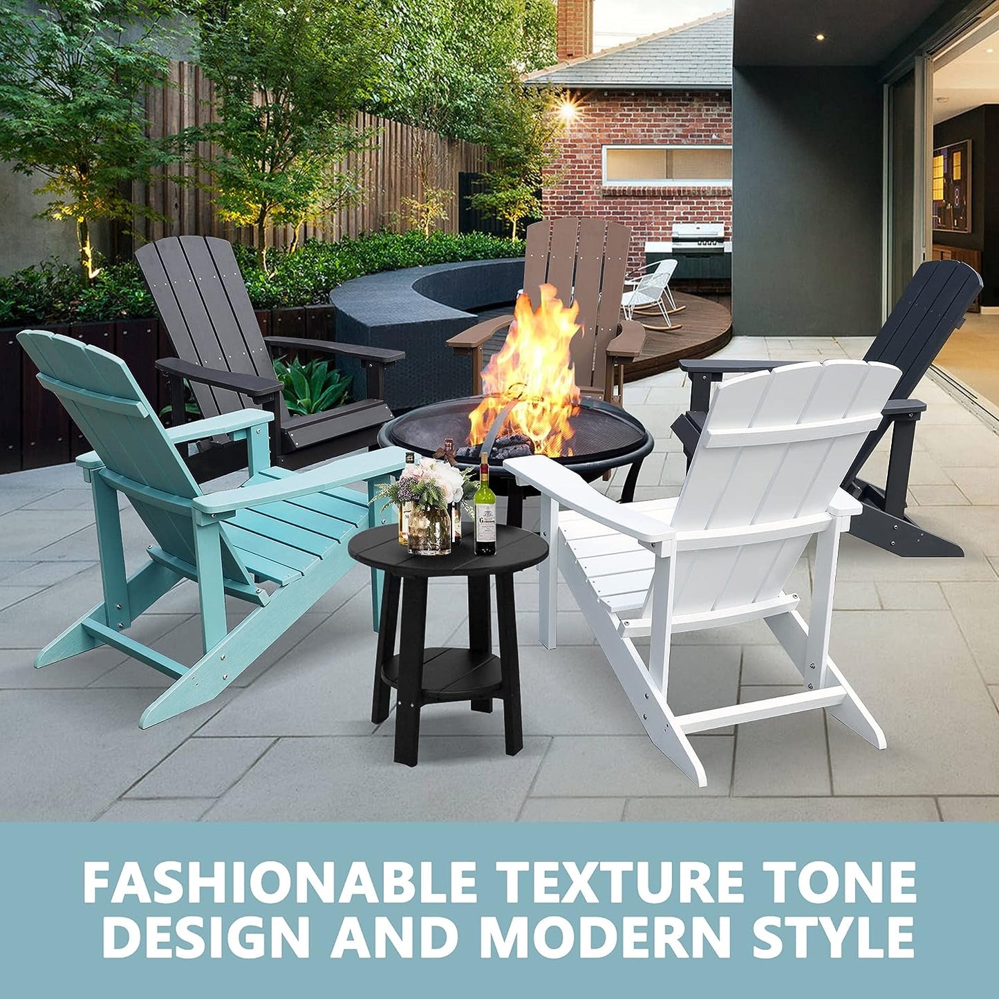 Adirondack Chairs Set of 2, All Weather Modern Fire Pit Chair with Real-like Wood Grain and Wide Armrest, Plastic Adirondack Outdoor Chair with Deep Seating and Reclined High Back, 350 lbs, Brown