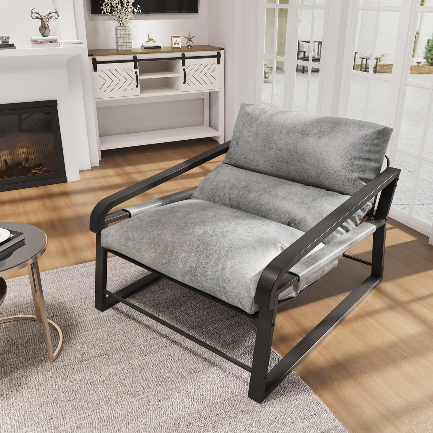 Large Modern Accent Chair with Soild Wood Arms and Metal Frame, Mid Century Upholstered Lounge Sofa Chair with Removable Cushion for Living Room, Bedroom, Home Office, Brown