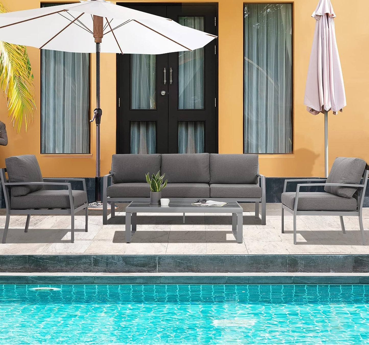 SunviviCollection Aluminum Patio Furniture, Outdoor Metal Patio Furniture Conversation Set with Coffee Table, Outside Patio Sofa Sets with Cushion for Balcony Backyard Garden, Beige