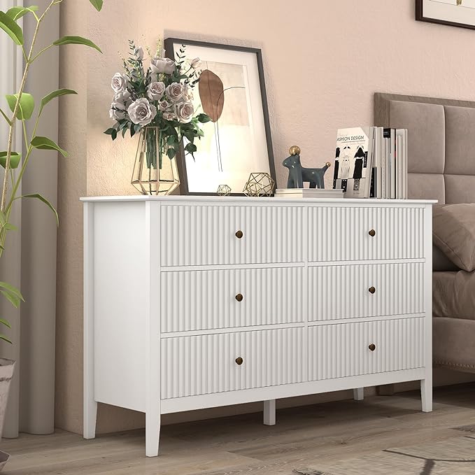 White 6 Drawer Dresser 47" Wide, Modern Wood Chest of Drawers, Double Silent Slide Drawers Storage Organizer Cabinet for Bedroom, Nursery, Living Room, Hallway