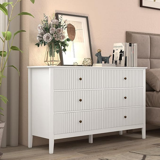 White 6 Drawer Dresser 47" Wide, Modern Wood Chest of Drawers, Double Silent Slide Drawers Storage Organizer Cabinet for Bedroom, Nursery, Living Room, Hallway