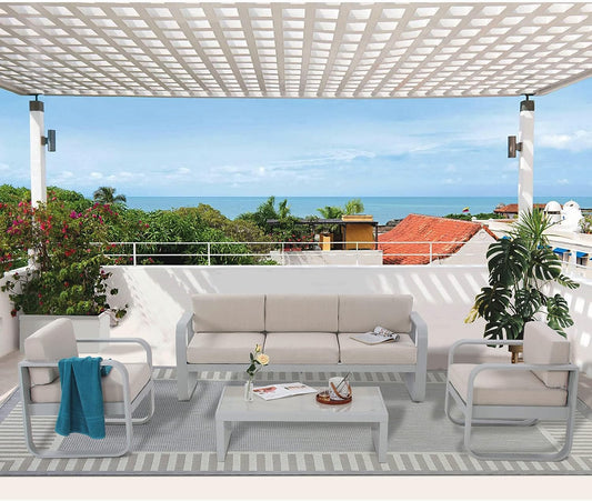 SunviviCollection Aluminum Patio Furniture, Outdoor Metal Patio Furniture Conversation Set with Coffee Table, Outside Patio Sofa Sets with Cushion for Balcony Backyard Garden, Beige