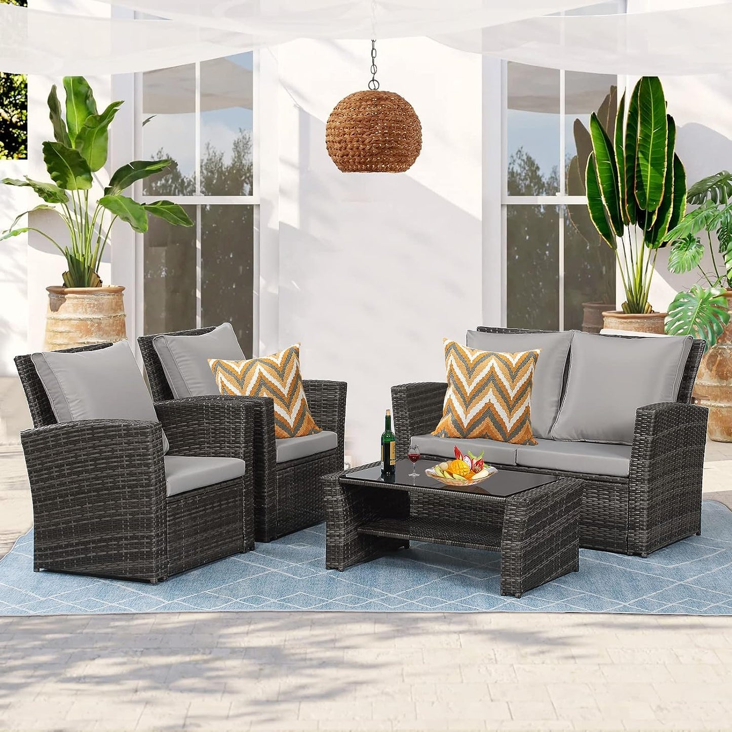 SunviviCollection 4 Piece Patio Furniture Sets, All-Weather Patio Conversation Set Outdoor Wicker Sectional Sofa Chair with Cushion and Coffee Table, Brown