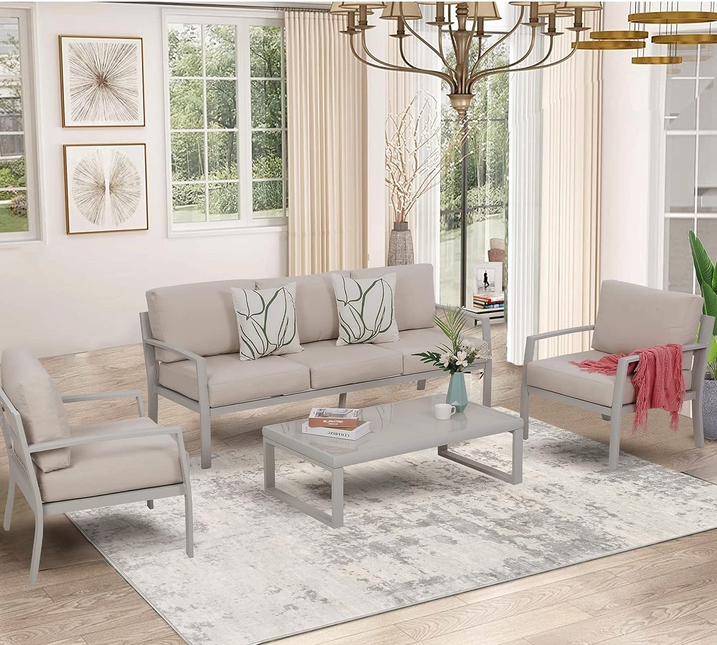 SunviviCollection Aluminum Patio Furniture, Outdoor Metal Patio Furniture Conversation Set with Coffee Table, Outside Patio Sofa Sets with Cushion for Balcony Backyard Garden, Beige