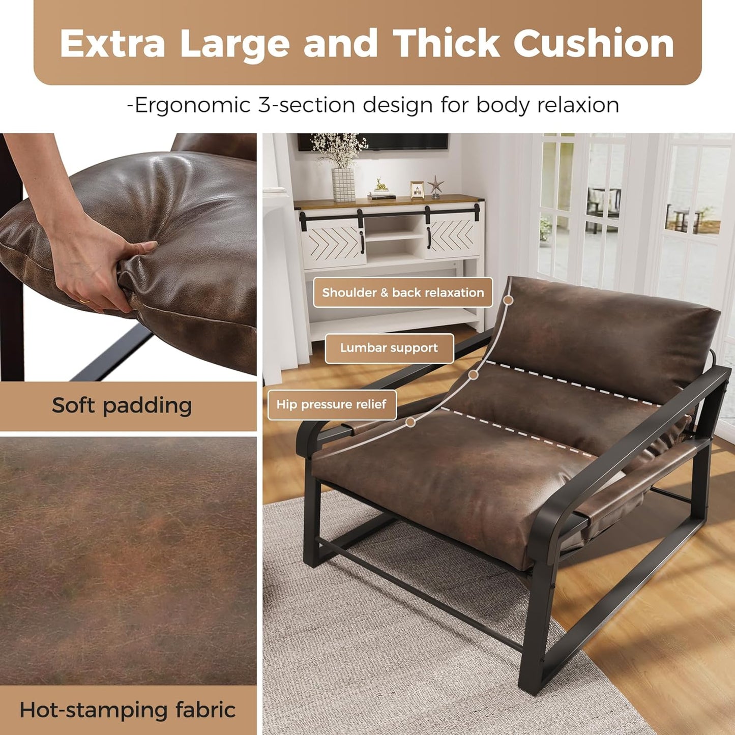 Large Modern Accent Chair with Soild Wood Arms and Metal Frame, Mid Century Upholstered Lounge Sofa Chair with Removable Cushion for Living Room, Bedroom, Home Office, Brown