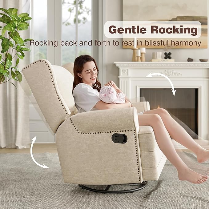 Royalcraft Swivel Nursery Glider Recliner, Comfy Upholstered Glider Chair with Lumbar Pillow and Footrest