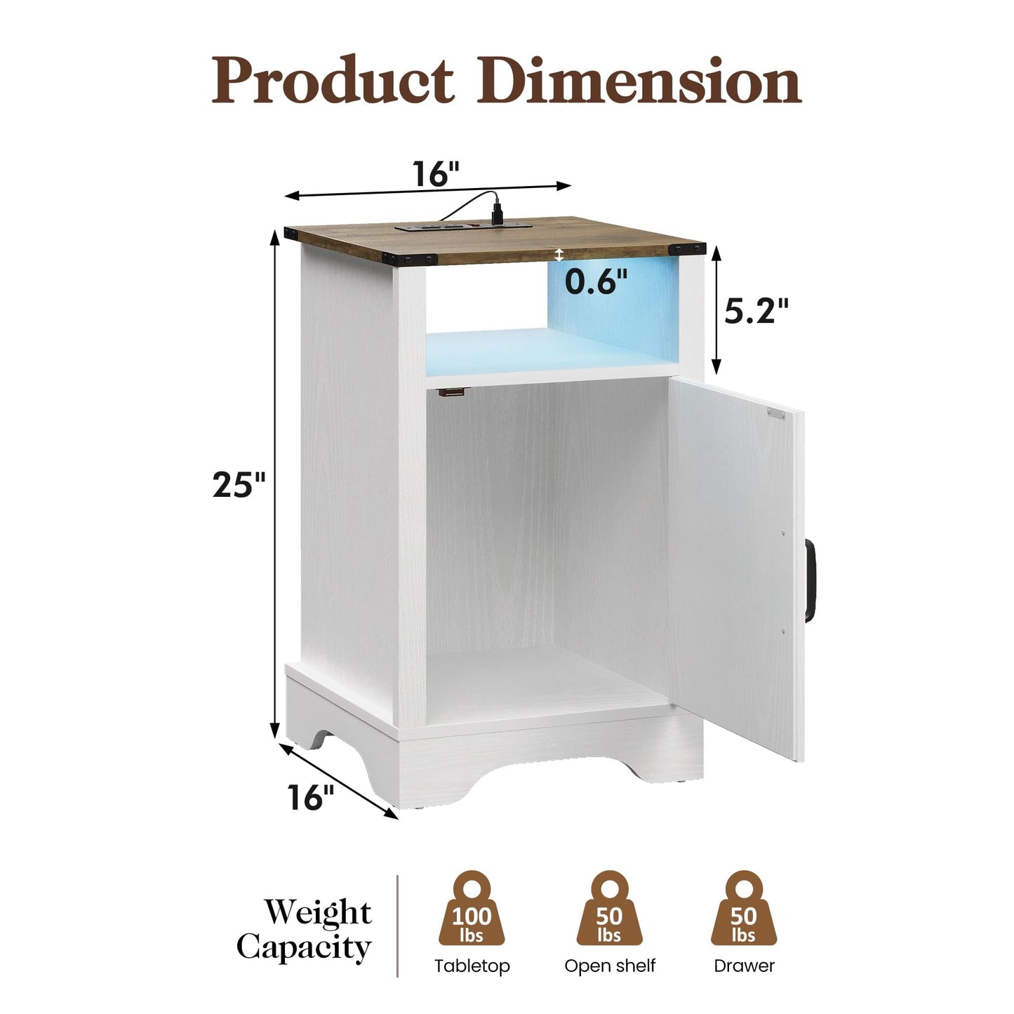 Superjoe LED Nightstand with Charging Station, Bedside Table with Storage Cabinet and Shelf, Rustic End Table, Farmhouse Wooden Side Table, for Bedroom, Living Room, White and Rustic Oak