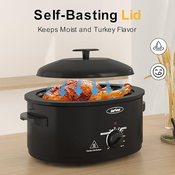 Superjoe 8-Quart Roaster Oven with Self-Basting Lid, Electric Turkey Roaster Oven with Removable Pan and Rack, Stainless Steel, Black