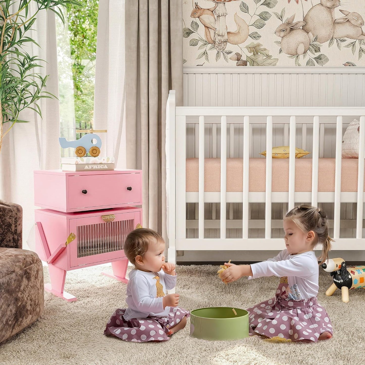 Superjoe Pink Nightstand with LED Light Strips 360° Rotating Drawer, Modern End Table with Glass Door Storage, Wood Bedside Table Cabinet for Living Room, Bedroom, Nursery