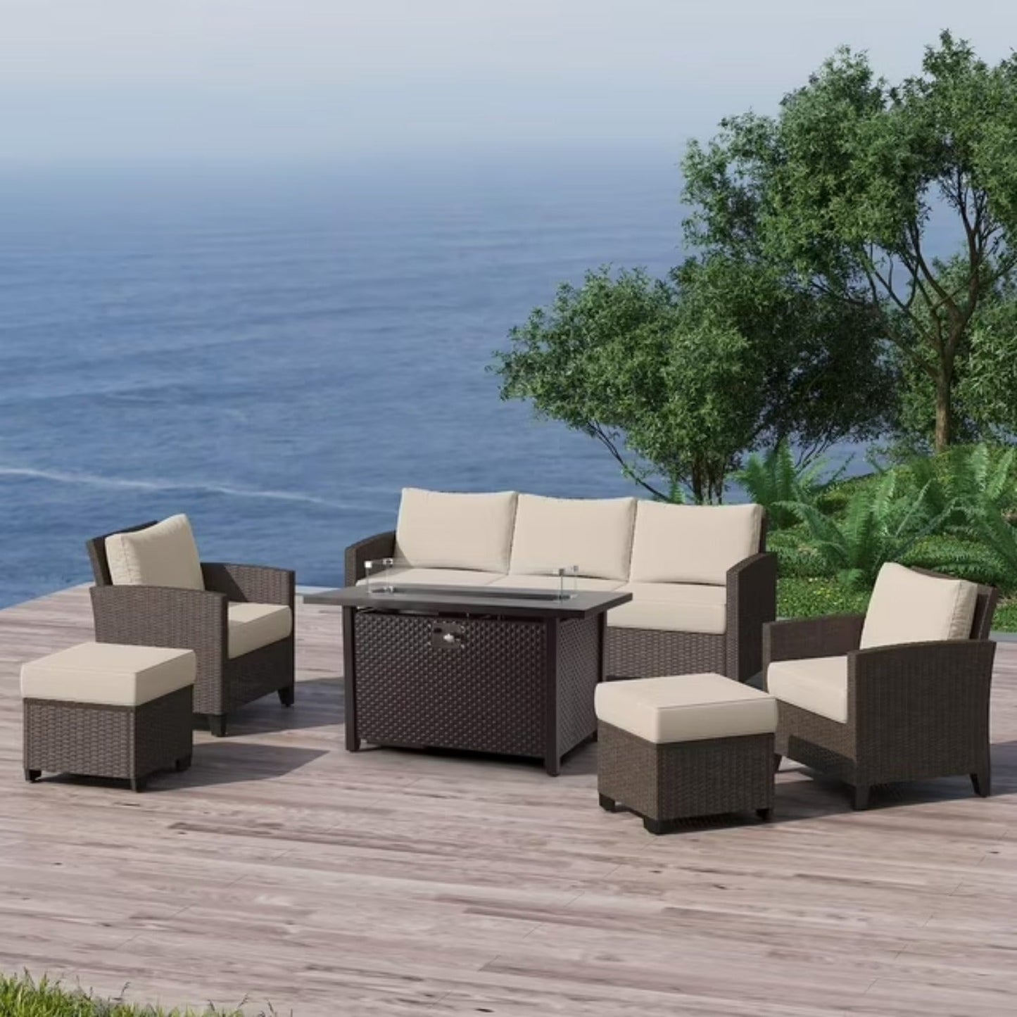 Outdoor Patio Furniture Set, 6 Piece Outdoor Rattan Sofa Set, All Weather Wicker Conversation Set with Fire Pit Table, Ottomans for Porch Backyard Garden
