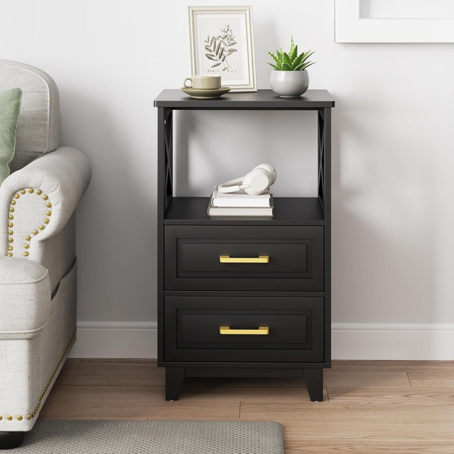 Superjoe Tall Nightstand Set of 1, Side Table with 2 Drawers and Open Shelf Top, Bedside Table with Solid Feet, Modern Night Stand End Table for Bedroom, Living Room, Home Office, Black