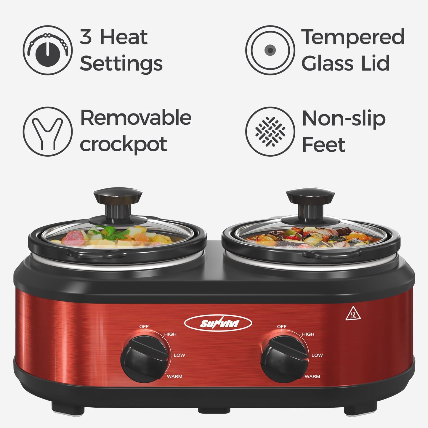 SUNVIVI Dual Pot Slow Cooker, 2 Pot Small Mini Crock Buffet Server and Warmer with Ceramic Pot, Adjustable Temp