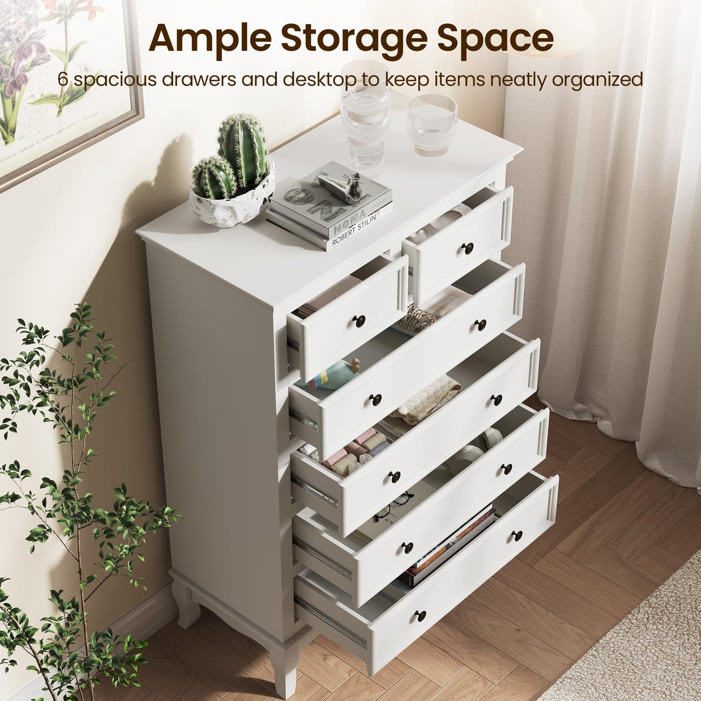 Superjoe White 6 Drawer Dresser, Rustic Tall Chest of Drawers, Modern Wood Dresser, Wooden Storage Closet Cabinet, Clothing Storage Organizer for Living Room, Bedroom, Hallway, Entryway