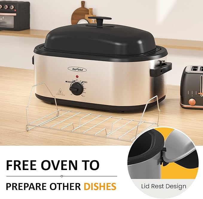 Superjoe Electric Roaster Oven, 24 QT Roaster with 3 Compartments and Self-Basting Lid, Turkey Roaster Oven with 150-450°F Full-Range Temperature Control, Removable Pan , Stainless Steel, Silver