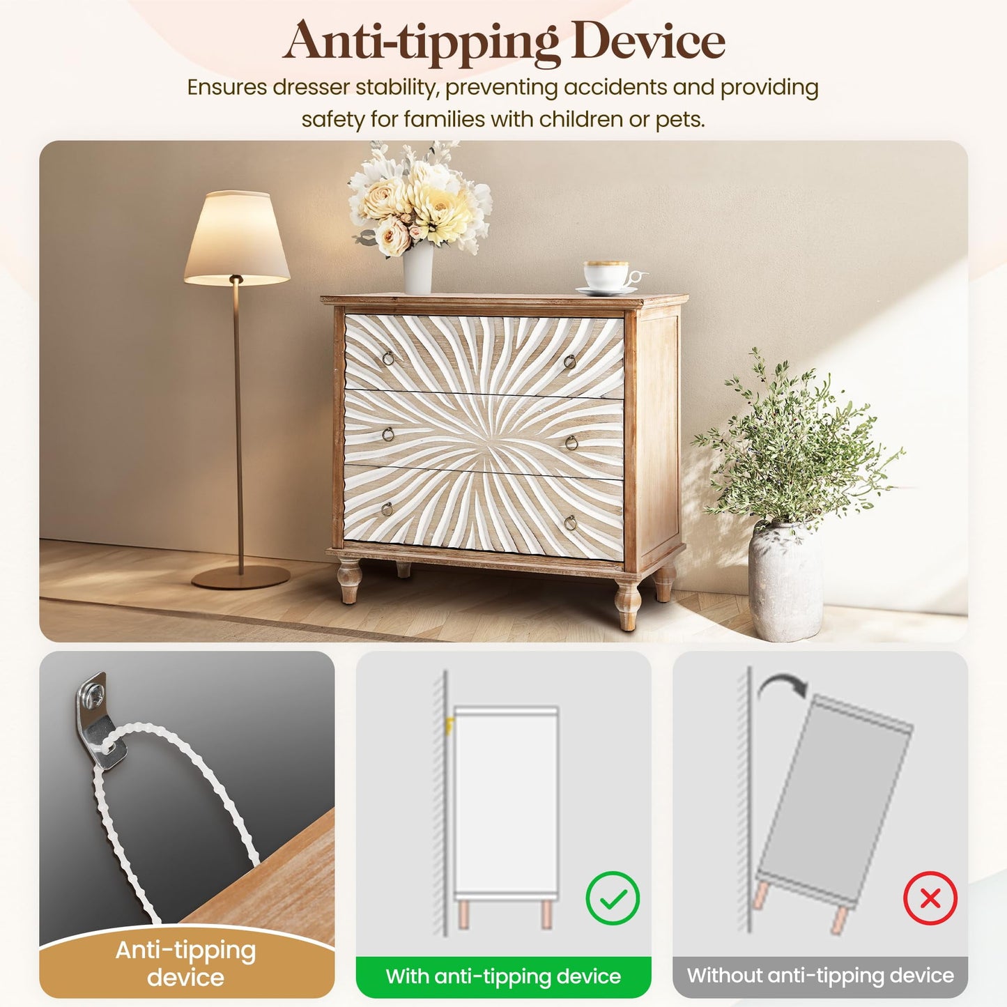 Superjoe 3 Drawer Dresser, 3 Chest of Drawers, Accent Storage Cabinet with Drawers, Wooden Closet Organizer, Bedside Table with Gourd Legs, Nightstand for Bedroom Hallway Living Room, Natural Color