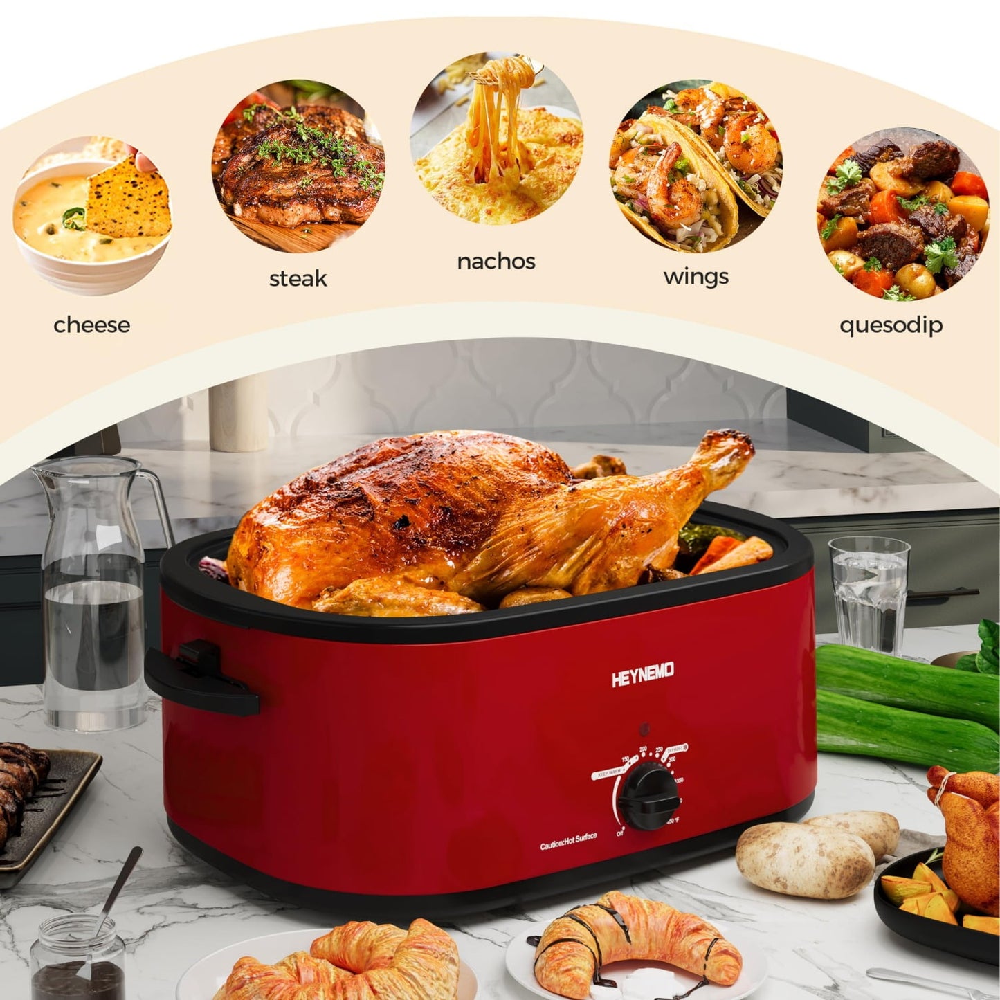 Superjoe Roaster Oven, 18 Quart Electric Roaster Oven with Self-Basting Lid, Turkey Roaster Oven Buffet with Removable Pan, Cool-Touch Handles, Red