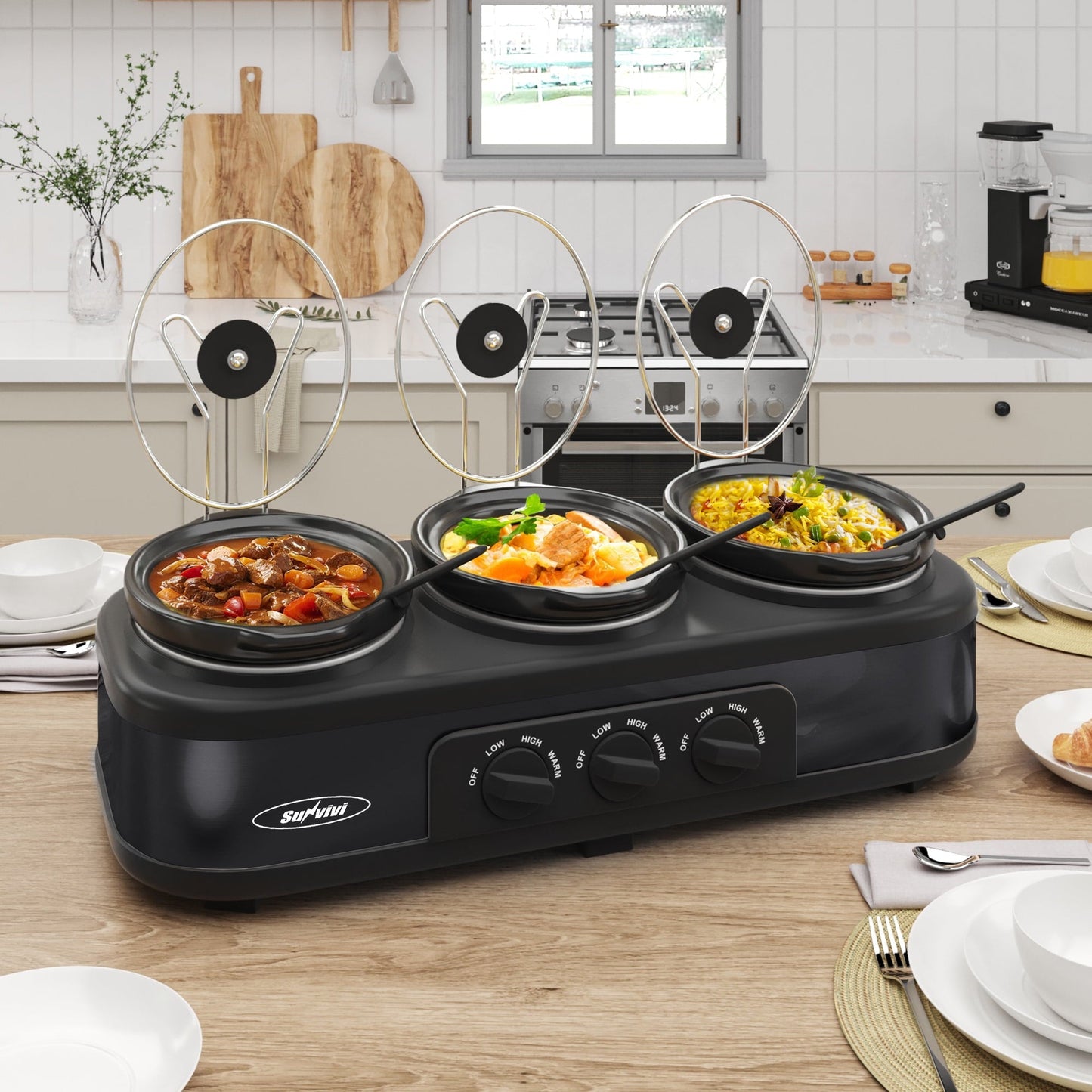 SUNVIVI Dual Pot Slow Cooker, 2 Pot Small Mini Crock Buffet Server and Warmer with Ceramic Pot, Adjustable Temp
