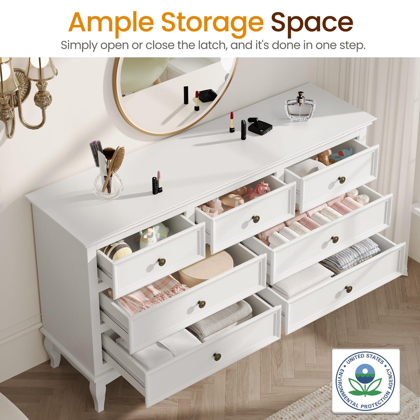 Superjoe Dresser for Bedroom, 7 Drawers Dresser with Distinctive Wooden Legs & White Paint Finish, Black Drawer Dresser with Spacious Storage Space for Bedroom, Living Room, Hallway