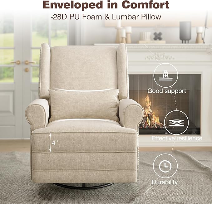 Royalcraft Swivel Nursery Glider Recliner, Comfy Upholstered Glider Chair with Lumbar Pillow and Footrest