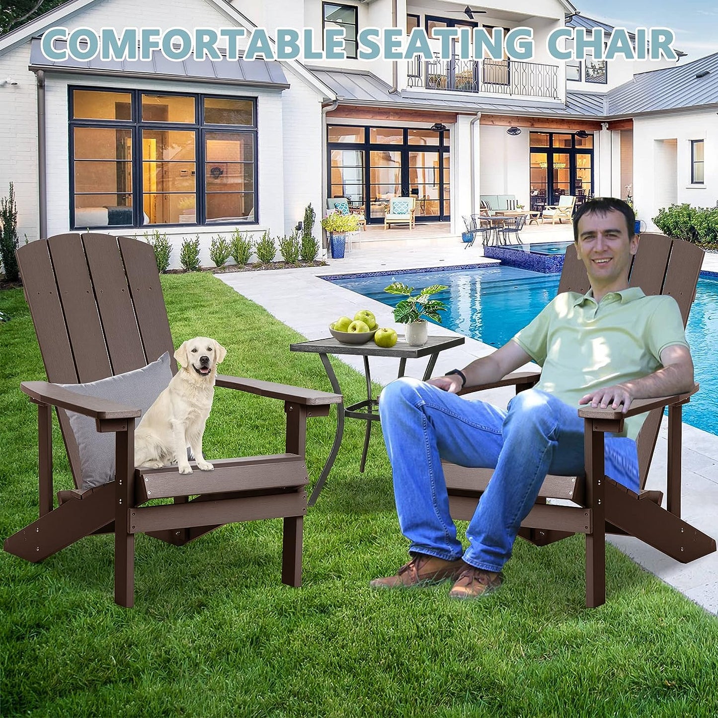 Adirondack Chairs Set of 2, All Weather Modern Fire Pit Chair with Real-like Wood Grain and Wide Armrest, Plastic Adirondack Outdoor Chair with Deep Seating and Reclined High Back, 350 lbs, Brown