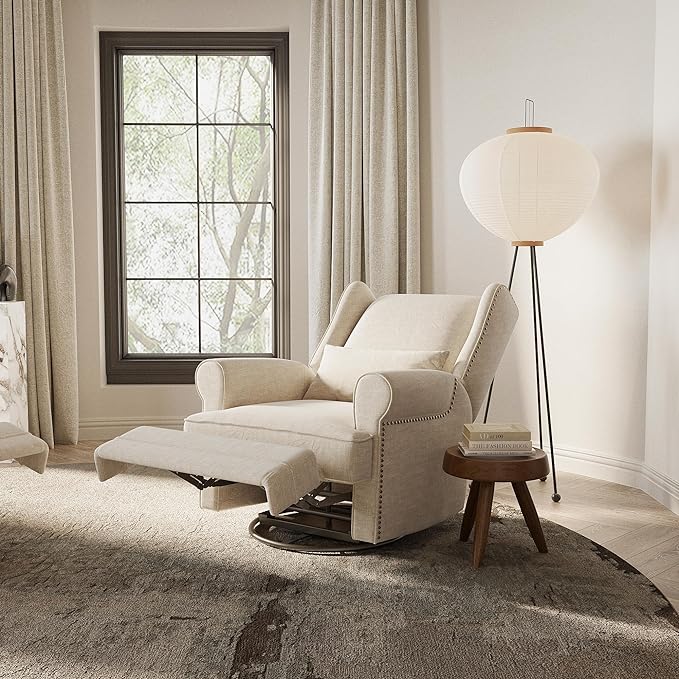 Royalcraft Swivel Nursery Glider Recliner, Comfy Upholstered Glider Chair with Lumbar Pillow and Footrest