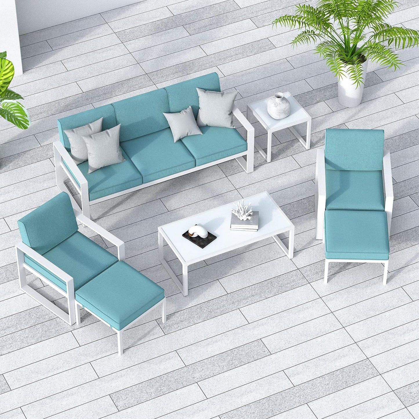 SunviviCollection Aluminum Patio Furniture Set, 7 Pieces Modern Patio Conversation Sets with Coffee Table and Ottomans, Outdoor Sectional Sofa with Cushions for Balcony, Backyard, Porch, Lawn, White