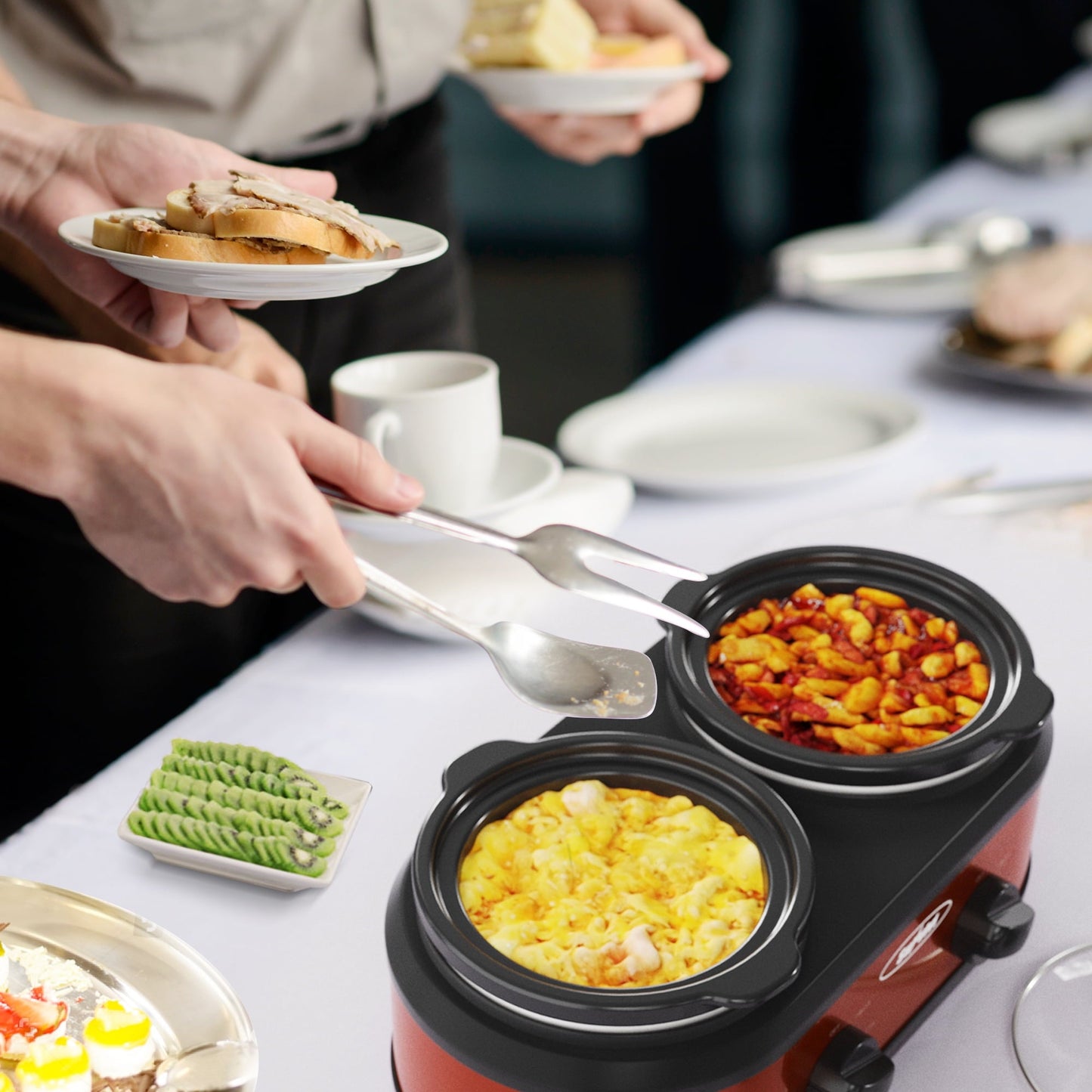 SUNVIVI Dual Pot Slow Cooker, 2 Pot Small Mini Crock Buffet Server and Warmer with Ceramic Pot, Adjustable Temp